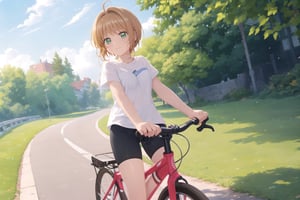 (masterpiece, best quality, ultra detail, detailed eyes, nice hands, perfect hands, looking forward, cowboy shot), anime, blush, (1girl, solo,) happy, 

kinomoto sakura, green eyes, brown hair, short hair, breasts, 

 bike_shorts, white shirt, seethrough, bike, road, grass, sweat, soaked clothes, outdoors, nipples under cloth, riding a bike,