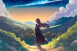 outdoor, forest, path, hill, night, starry background, walking, (faceless woman:1.5), black dress, black hair,

(masterpiece, best quality, ultra detailed:1.2), highres, best shadow, detailed background, best illumination, vibrant colors, depth of field, nice hands, perfect hands, (anime, 1girl, solo:1.3), looking at viewer, blush, (cowboy shot), scenery, ,rayearth,artistic oil painting stick