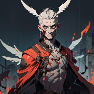 Cursed Bloodline,boy with wings:
Craft an artwork showcasing a character from a cursed bloodline, emphasizing the darkness that courses through their veins and the struggles they face.
