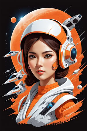 Protraid beautiful girl, full head, a Thailand woman fashion, ear, a pretty eye high-detail, a beautiful face,  poster, vector illustration, moon, death star, spaceship, x-wings,  jedi, stormtroopers, ,Leonardo Style,tshirt design,oni style