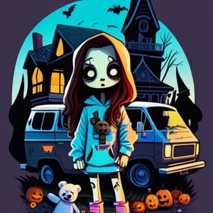 a girl with long dark brown hair, big boobs, holding a flashlight, wearing a baggy hoodie and ripped tights, standing in front of a haunted house, with a van outside, has a small teddy next to her holding a crucifix ,tshirt design