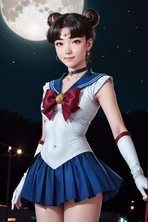 masterpiece, best quality, highres, 1girl, aausagi, double bun, twintails, parted bangs, circlet, jewelry, earrings, choker, red bow, white gloves, elbow gloves, blue skirt, , standing, cowboy shot, night, outdoors, moon, smile, city,aausagi