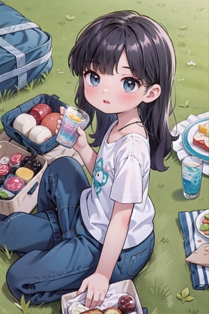 masterpiece, 2_girls, bangs, long_hair, denim_pants, white_shirt, park, grass, picnic, 