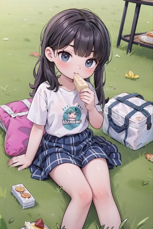 masterpiece, 2_girls, bangs, long_hair, skirt, white_shirt, park, grass, picnic, eating