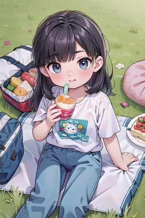 masterpiece, 2_girls, bangs, long_hair, denim_pants, white_shirt, park, grass, picnic, eating