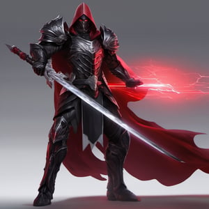 1man. male, solo, wearing black armor, holding red weapon infront of him, holding sword, cape,  simple glowing background , HD, masterpiece, best quality, hyper detailed, ultra detailed,