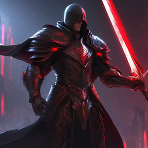 1man. male, solo, wearing black armor, holding red weapon infront of him, holding sword, cape,  simple glowing background , HD, masterpiece, best quality, hyper detailed, ultra detailed,