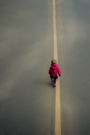 short-hair, a little girl, alone, walking at the street, background red and black, moody, evil rise, 3d, high quality 
