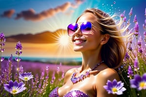 NYFlowerGirl,body covered crystals purple flowers,background sun and sky,sitting in grass,healthy body,smiling,sunglasses
