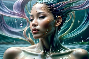 Masterpiece,ocean pearls  full body naked silk smooth,wet body with rain drops, wet hair,isni,background ,standing in the rain
,NYFlowerGirl,smooth coloring perfect shading