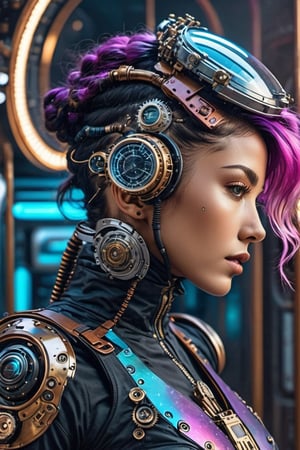 1 perfect half cyborg, space,Celestial, full body view,steampunk style,celistial,highest level coloring,brightness,Movie Still,steampunk,cyborg style,cyborg,android,Film Still,Cinematic,vaporwave style