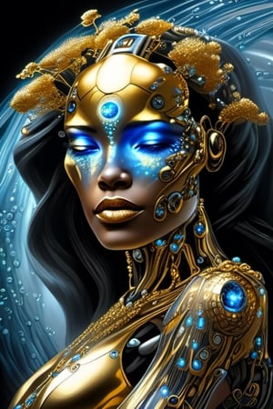 cyborg style,dfdd, masterpiece,mother earth,letting water run through her hands,gold over het body,diamonds as eyes,cyborg