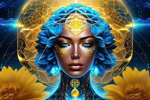 cyborg style,dfdd, masterpiece,Gaia,letting water background flower of life,liquid gold over her body,perfect face,teardrops laser blue eyes,cyborg,vaporwave style