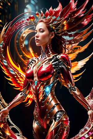 cyborg style, woman,red ruby full body,Phoenix,,isni,background crystals,cyborg,HZ Steampunk,Phoenix fire