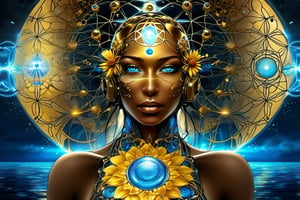 cyborg style,dfdd, masterpiece,Gaia,letting water background flower of life,liquid gold over her body,teardrops laser blue eyes,cyborg,