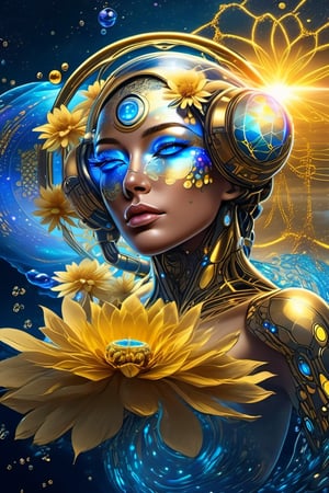 cyborg style,dfdd, masterpiece,full body,arms and legs shown,flying,Gaia,letting water background flower of life,liquid gold over her body,perfect face,teardrops laser blue eyes,cyborg,vaporwave style
