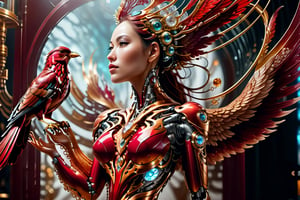 cyborg style, woman,red ruby full body,Phoenix,,isni,background crystals,cyborg,HZ Steampunk,Phoenix full body bird sitting on her arm
