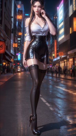 White collar ladies go shopping,night:1.6,(skyscraper,cityscape,street),(((white Tight shirt,black Tight microskirt,black thighhighs,black high heels))),bare thighs,(((full_body))),((model body)),((huge breasts:0.8)),(full_cleavage:1.2),narrow waist,1girl,(Perfect eye structure), Subject ,((shiny skin)),((Fair Skin)),((detailed eyes)),(clear facial features),finely detailed eyes,nice body,finely detailed face, ((finely quality eyes)),Perfect figure,Exquisite facial features,solo,(( Best quality )),(( masterpiece )),(( realistic )),( hyperrealism :1.2),(8K UHD :1.4),HDR,(8K wallpaper),(ultra detailed),(best quality),fractal art, lighting,(Highly detailed:1.6),Professional,Trending on artstation,Vivid Colors,Perfect background,cinematic angle 