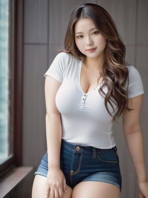 (full body:1), portrait of a woman, 30 years old, beautiful Eurasian face, (chubby:1.2), (toned big thighs:1.5), small waist, white pale skin, wavy cascading hair, brown hair, white tight short sleeve v neck, (long jeans:1.3), seductive smile, closed mouth,korean girl,teengirlmix
