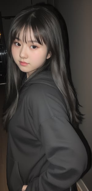 Teenage beautiful Japanese girl, gorgeous black air bangs long hair, black hoodie, upper body shot, chubby face, slightly smile, pale skin, dramatic dark room, hard shadow low light