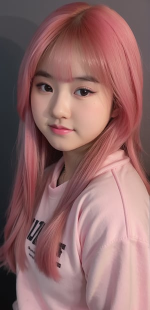 Teenage beautiful Japanese girl, gorgeous pink air bangs long hair, pink hoodie, upper body shot, chubby face, slightly smile, pale skin, dramatic dark room, hard shadow low light