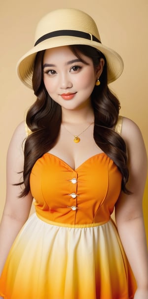 25yo woman, most beautiful asian face, (sexy plus size body:0.8), pale skin, Lolita yellow and orange colored mini dress, elegant woman hat, simple yellow gradient background, seductive smile, model pose, (full body:0.7),LinkGirl