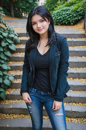 Upper body photo of a beautiful chubby teenage girl wearing open black jacket and denim jeans, gorgeous layered long black hair, skin blemishes, white v-neck shirt, model pose, stairs, smile, beautiful tourist spot city, daytime, professional lighting, (hard shadow), sunlight, dramatic professional photography, top view angle shot, beautiful leaves falling down, awesome photography wallpaper