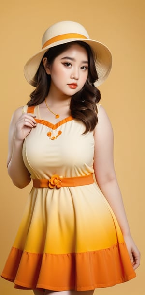 25yo woman, most beautiful asian face, (sexy plus size body:0.8), pale skin, Lolita yellow and orange colored mini dress, elegant woman hat, simple yellow gradient background, model pose,LinkGirl
