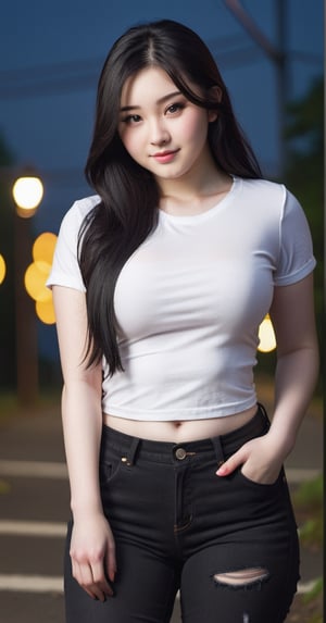 18yo teen attractive Japanese girl, pale skin, gorgeous long black hair, nature street, large breasts, big curvy thighs, seductive pose, slightly smile, tight fitting, short sleeve ripped shirts, ripped jeans, dramatic, street lights