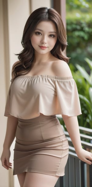 (full body:1), a woman, 30 years old, beautiful face, (chubby:1.3), (toned big thighs:1.3), small waist, white pale skin, wavy cascading hair, brown hair, off shoulder top, pleated mini skirt, seductive smile,LinkGirl