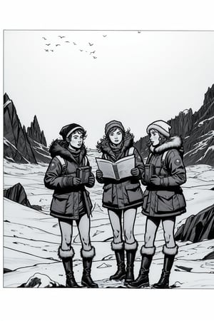 Three twenty-something girls on an expedition in the artic. They are searching  something. Drawing made with graphite pencils, comic style, 