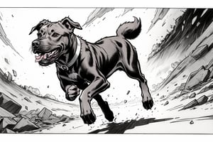 A pitbull dog running away in terror. Drawing made with graphite pencils, comic style, 