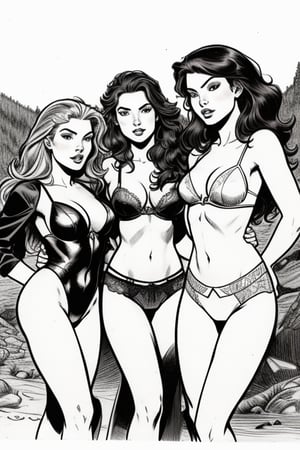 Three sexy twenty-something girls on an expedition. Drawing made with graphite pencils, comic style