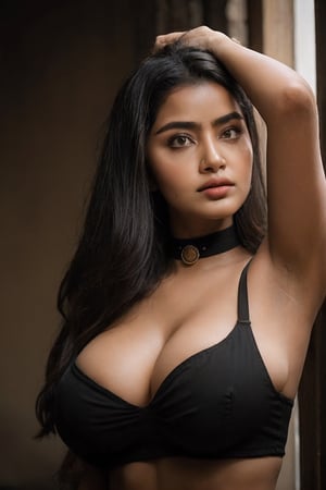 RAW photo, anupama,Take a day light moody photo of a woman in a pose, wide, choker accessory, big boobs, big breasts, sexy armpits, showcasing her tight hips, intriguing tattoo on her arm. The woman should have a narrow waist, and her detailed face, especially her detailed nose, should be the focal point of the image. Use the rule of thirds in composition to frame her face beautifully, and enhance the photo with dramatic lighting to add depth and intensity. Place the woman against a background that complements her personality and adds shadows.",lalisamanoban,rakul ,no_humans,Detailedface,Detailedeyes