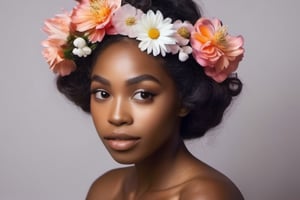 one negro woman with full idyllic flowers in her hair, she poses like a professional model, naked, she stares at the viewer, brown background, close up
