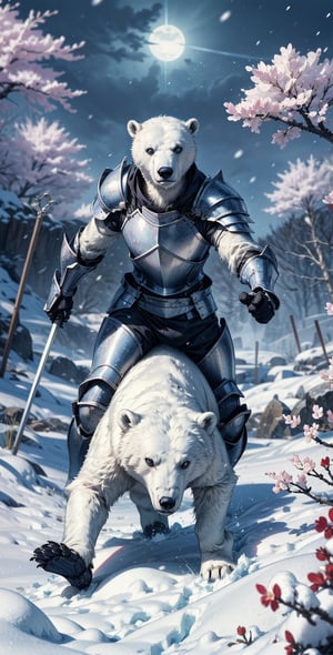 Polar Bear Knight in the Snow:

“Produce a frightening visual representation of a polar bear in the snow. The bear was wearing jet black armor on its body which showed the darkness of the night.

The snow was filled with black ash from fires, cherry blossoms were falling in the wind, showing that the place was cursed.

The scene must capture the relationship between the polar bear knight and the battle that exudes a sense of horror and suspense.

This image should evoke the horror of the snowy battlefield of the polar bear knight".