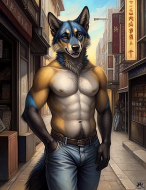 (by rukis, by blotch, by personalami, by honovy, by zackary911), male, solo, safe, (bandit heeler), australian cattle dog, canid, clothed, topless, jeans, blue body, blue fur, yellow fur, tail, paws, claws, standing, happy trail, tokyo, street, akihabara, neon lights, yellow chest