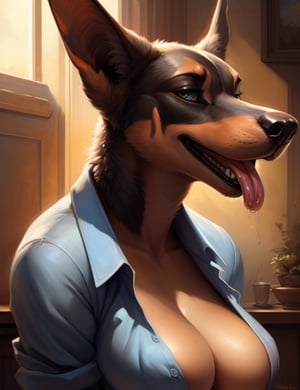 uploaded on e621, by Pixelsketcher, by Bayard Wu, by Thomas Benjamin Kennington , by Einshelm, solo anthro, ((face portrait)), BREAK, ((mouth open tongue out, saliva dripping)), ((wear unbuttoned shirt)), (detailed Bonifasko lighting), (detailed fur), (detailed skin), BREAK, ((mouth open tongue out, saliva dripping)), ((wear unbuttoned shirt)), ((facing viewer )), (cinematic lighting), ((detailed background)), ((face view)), (((portrait view))), (half shadow), [backlighting], [crepuscular ray], [detailed ambient light], [gray natural lighting], [ambient light], (higher wildlife feral detail), [explict content], [sharp focus], (questionable content), (shaded), ((masterpiece), big hips, medium featureless breasts, breasts, furry doberman, doberman face, Furry Fantasy Art, Anthro Art, Commission for High Res, Furry Art, furry Art,Sakimichan beautiful, masterpiece, medium featureless breasts, best quality, detailed image, bright colors, detailed face, perfect lighting, perfect shadows, perfect eyes, girl focus, doberman eyes, flawless face, big featureless breasts, gorgeous, shiny face, face focus, doberman ears, doberman girl, fluffy, fluffy woman, face fur, animal nose, muzzle, two-tone fur, gaze at the viewer, half-closed eyes, 1girl, solo, full face only, (masterpiece), (best quality), (illustration), (cinematic lighting), detailed fur, balanced coloring, global illumination, ray tracing, good lighting, doberman, furry, anthro, showing featureless breasts, cleavage, attractive face, sexy face, looking at viewer, seductive look, SFW