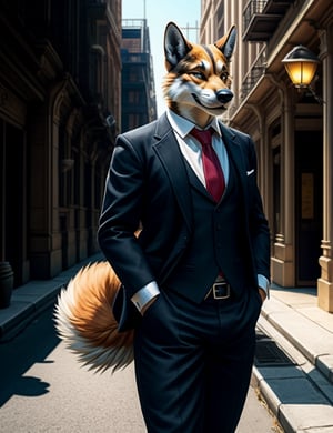 (furry art, uploaded on e621:1.3), 1boy, (solo_focus), (male) (furry:1.4) anthro, (upper body:1.3), (hands in pockets:1.1), on street, detailed face, detailed eyes, detailed fluffy fur, fluffy tail, seductive pose, fancy pants, (business suit, yellow vest:0.9), digital painting, natural lighting, photorealistic, (smug face), smiling (cocky), steampunk, (bokeh:1.18)