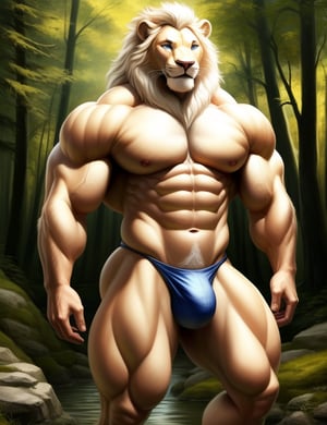 nj5furry, (muscular, albino lion, huge, red eyes), albino lion, ((extremely realistic shadows, masterpiece, extremely detailed, photorealistic)), kemono, albino fur, albino skin, blue eyes, large delicate eyes, wide eyes ((detailed eyes)), wearing a tiny blue thong revealing huge muscular thighs, bulge in the crotch, , forest mountain. Height 185 cm, the optimal height, tight clothing, body full of muscles; ripped abs, V-shaped body, thick waist, long legs, strong arms manly, handsome face, attractive cool calm face type with a cold smile, bodybuilding posture, carefree expression, smile, mischievous smile, sexy, detailed face, topless.