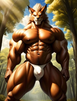 PRO competitive bodybuilder, nj5furry, (Leomon, massive, huge, muscular, Gigachad), (((((WHITE THONG))))) Leomon, ((extremely realistic shadows, masterpiece, extremely detailed, photorealistic)), kemono, looking at the viewer, ((FRONT)), kind smile, kind expression, Leomon, ((detailed face)) nose, Red eyes, ((detailed eyes)), skin, fur,  hair, mane, height 3 meters high, the optimal height, tight clothing, 300 kg, body full of huge muscles; muscle and bulge pecs, ripped abs, V-shaped body, thick waist, long legs, strong arms manly, handsome face, attractive cool calm face type with a kindsmile, topless. Misty forest, day, sun, sun rays, clouds, birds; bulge in the crotch, wears a small white string thong that reveals huge, muscular thighs, (((she wears a very tight little white string thong))), bulging biceps. A muscular bodybuilder in the making. A potential PRO competitive bodybuilder and bulging neck. ((Almost naked))