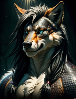uploaded on e621, anthro, (by chunie, rov, h0rs3, ruaidri), (dracowolf:1), high res, ((detailed realistic image)), (detailed eyes, expressive eyes), impasto impressionism, insane details, (hyper realistic scales:1.2), (hyper realistic fur:1.3), (detailed fur:1.3), (detailed scales:1.2), pupils, (bust portrait:1.3), (athletic:0.9), (slightly chubby:1.2), (expressive face, detailed face), (long hair:1.3), (graying hair:1.3), (realistic quality:1.3), (photographic quality:1.1), full color, (3d:1.1), (male), (dark studio background), (canine features:1.4), ff7r style, (rim lighting,:1.4) two tone lighting, sharp focus, teal hue, octane, unreal, dimly lit, low key, to8contrast style,