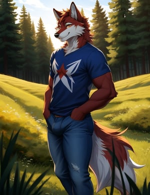 wolf with red fur, male, wearing a blue T-shirt and tight jeans, in the style of Peixonauta, soft lighting, great lighting, solo, not group, not double, small bulge, full body, smiling, in the field