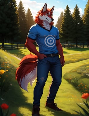 wolf with red fur, male, wearing a blue T-shirt and tight jeans, in the style of Peixonauta, soft lighting, great lighting, solo, not group, not double, small bulge, full body, smiling, in the field