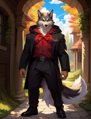 masterpiece, best quality, nj5furry,furry male, 1boy, furry, male focus, solo,animal ears, formal, wolf ears,wolf boy, smile ,
white fur, yellow fur, brown fur, two-tone fur,black eyes, black shirt, red hood, black hoodie,  thick eyebrows, tail, scar on eye,yellow ears, 
((full body,)), 
by chunie