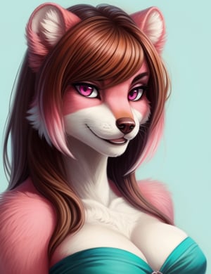 1girl, pink fur, pink eyes,  weasel girl, medium breasts, tube top, portrait, simple background, (furry:1.5)