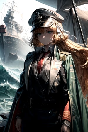 (A small chest:1.2),(masterpiece, best quality:1.2),(beautiful,  perfect, delicate, intricate:1.1),1 girl,adult  woman,light green eyes,orange half-up half-down hairstyle,solo,upper body,looking down,detailed background,ship captain,serious,dark green neon captain uniform,elegant cloak,green captain hat,decorations,dynamic pose,on deck of ship,anchor,dawn,dramatic lighting,epic atmosphere,waves on the horizon,milokk,standing on the deck of the ship,long hair
