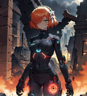 ,eggmantech,robot ,scifi ,  sageai, green eyes,  hair over one eye, black dress, glowing eyes, green eyes, orange hair, long hair,robotic,ishmael_limbus,a ruined city in the background, 1girl,cybernetic suit