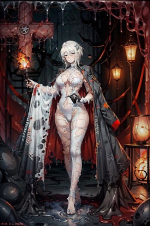 (living clothes:1.3),faust_limbus, robe,(torn clothes, wet, slime, livcloth, tentacles, living clothes),location dungeon ,prison on the background , torches on the background,bodily modifications,(livcloth:1.3), 4K, ultra quality