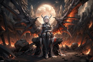 ear,mecha_musume,headgear,mechanical_arms,bodysuit,masterpiece, best quality,dragon, molten_rock, galaxy,sky,(wings),star \(sky\),night,starry,sky,Broken urban background, full body, women, holding a sword in his hand,ishmael_limbus,a woman is sitting in fur,the face is clear,faust_limbus,it stands on the hull of a flying futuristic ship,4 wings, solo, 4K